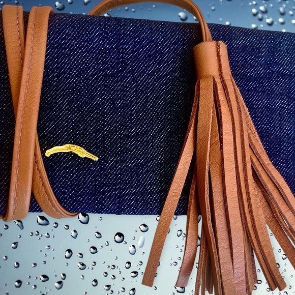 Designer Denim Leather Tassel Clutch Bag - Picture 1 of 6
